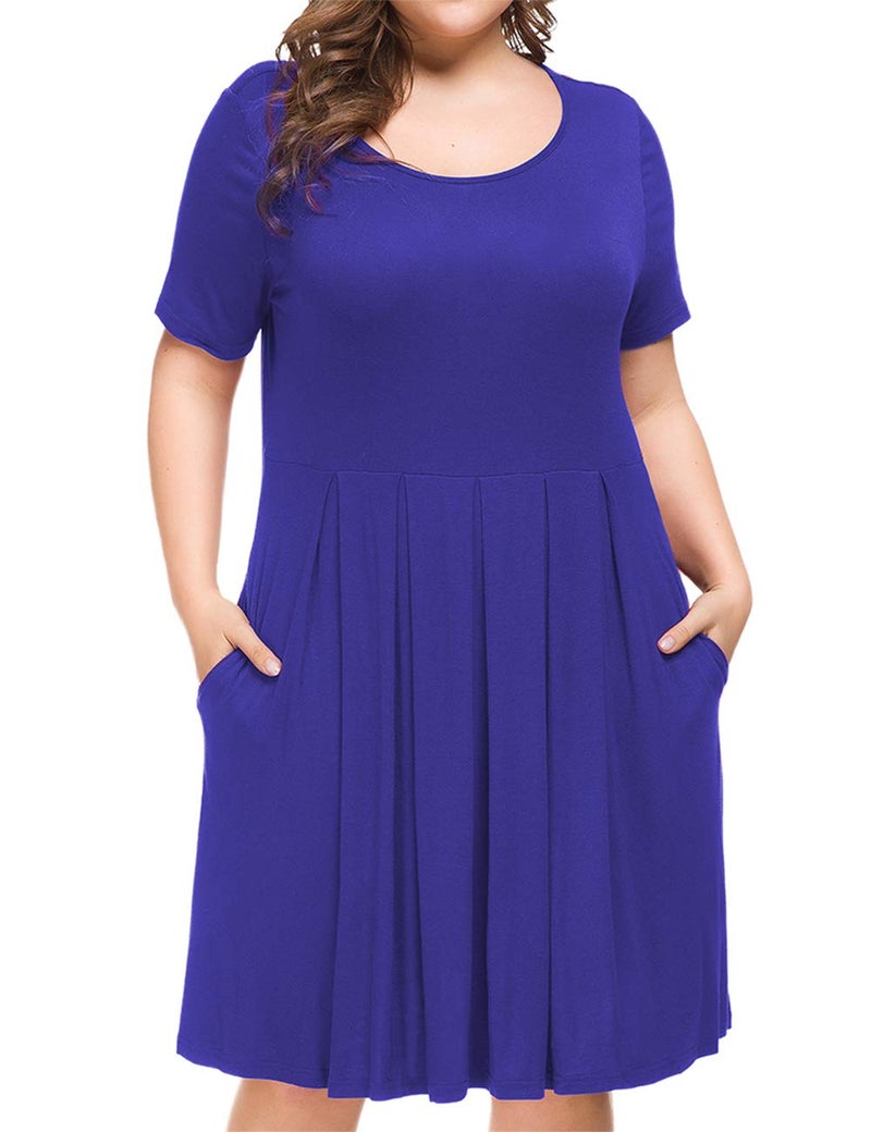 Tralilbee Women Plus Size Casual Loose Soft Crewneck Pockets Stretchy Swing T-Shirt Dress Royal Blue 3XL - Image 2